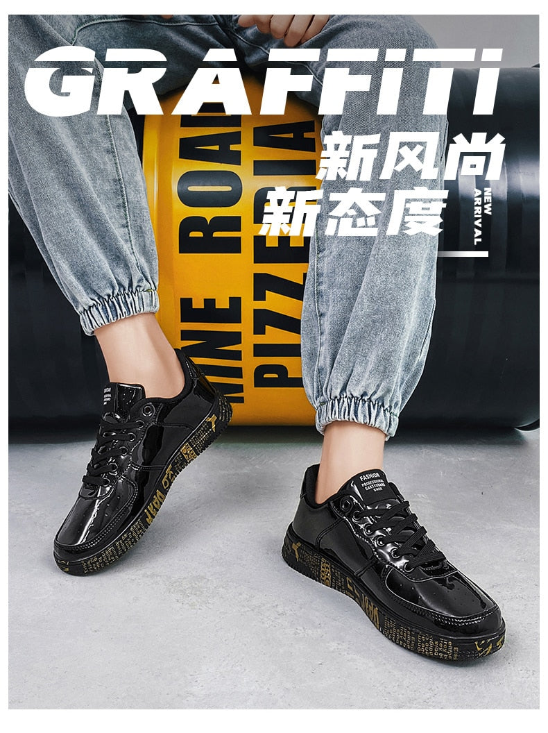 Susugrace Casual Leather Shoes for Men Gold Silver Black Couple Street Footwear Outdoor Lace-up Fashion Men Sneakers Hot Sale