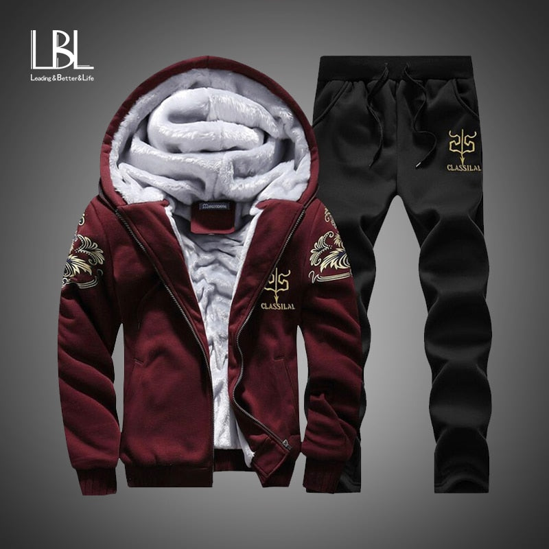 Winter Inner Fleece Hoodies Men 2020 Casual Hooded Warm Sweatshirts Male Thicken Tracksuit 2PC Jacket+Pant Men Moleton Masculino