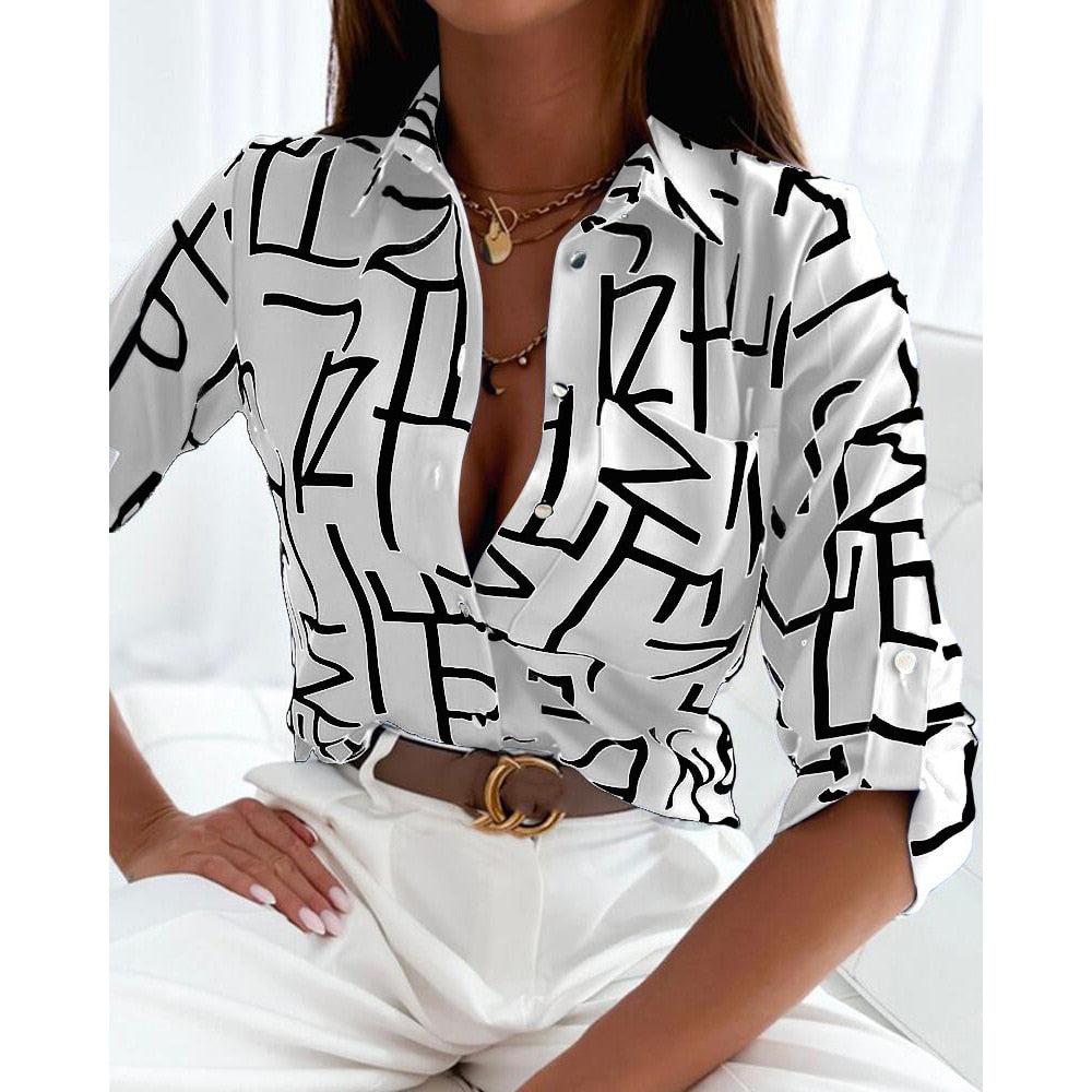 Blouses Woman Casual Office Print Shirts Autumn Fashion Button Long Sleeve White Shirt Elegant Patchwork Slim Tops Women 2022