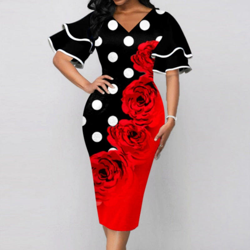 2022 Summer Elegant Fashion Oversized Vintage Print V-neck Double Layer Flare Sleeve Pencil Dress Women Party Bodycon Dresses