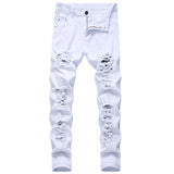 Men's White Jeans Fashion Hip Hop Ripped Skinny Men Denim Trousers Slim Fit Stretch Distressed Zip Men Jean Pants High Quality
