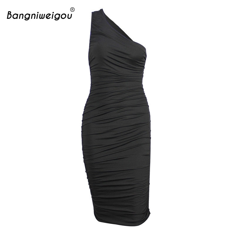 Bangniweigou Ruched Black Midi Party Dress Double Layer One Shoulder Draped Club Pink Red Bodycon Tube Dresses Women Elegant