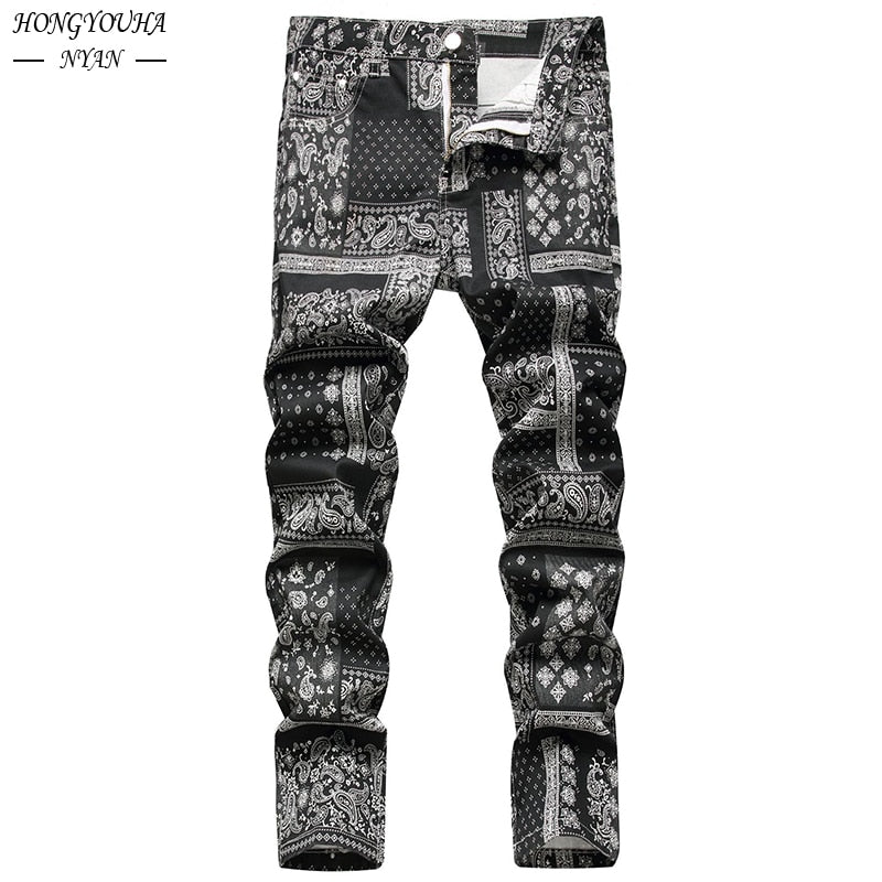 Mens Fashion Paisley jeans for men Vintage Jeans Black Slim Straight Denim Trousers Male 3D Digital Painted Stretch Denim Pants