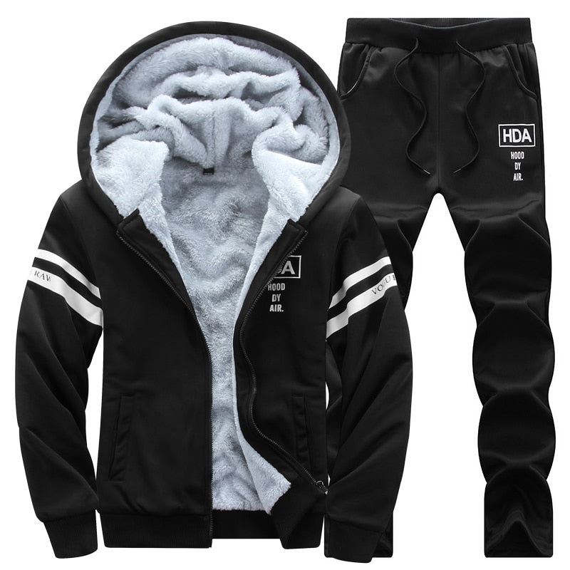 8XL Fleece Men Winter Set Fashion Casual Tracksuit Thick Sweatshirt+Pants Sportswear Suit Mens Autumn Warm Hooded Outerwear Suit