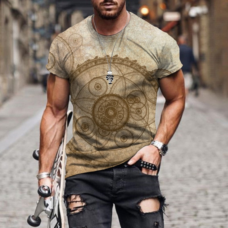 Summer New Men's Fashion T-shirt Stone Clock Like Harajuku 3D Printing Casual Sports T-shirt Round Neck Retro Short-sleeved Top