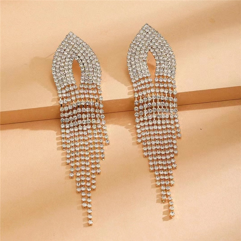 Europe And America New Exaggerated Full Rhinestone Tassel Earrings For Women Party Wedding Statement Jewelry Long Earings Gifts