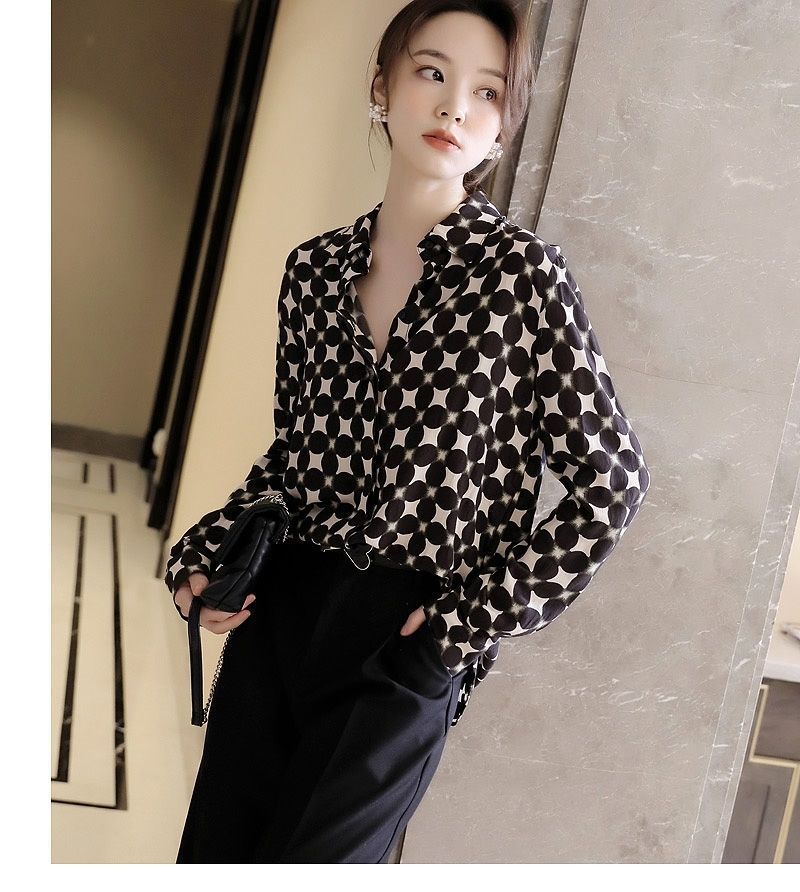 Office Lady Elegant Geometric Print Button Chiffon Shirt Spring Autumn 2022 Polo-Neck Long Sleeve Loose Blouse Women's Clothing