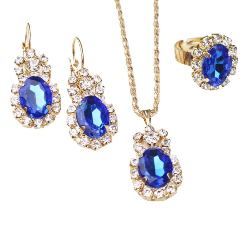 Water Drop White Blue Red Purple Black Rhinestones Jewelry Sets For Women Pendant/Necklace/Earrings/Rings