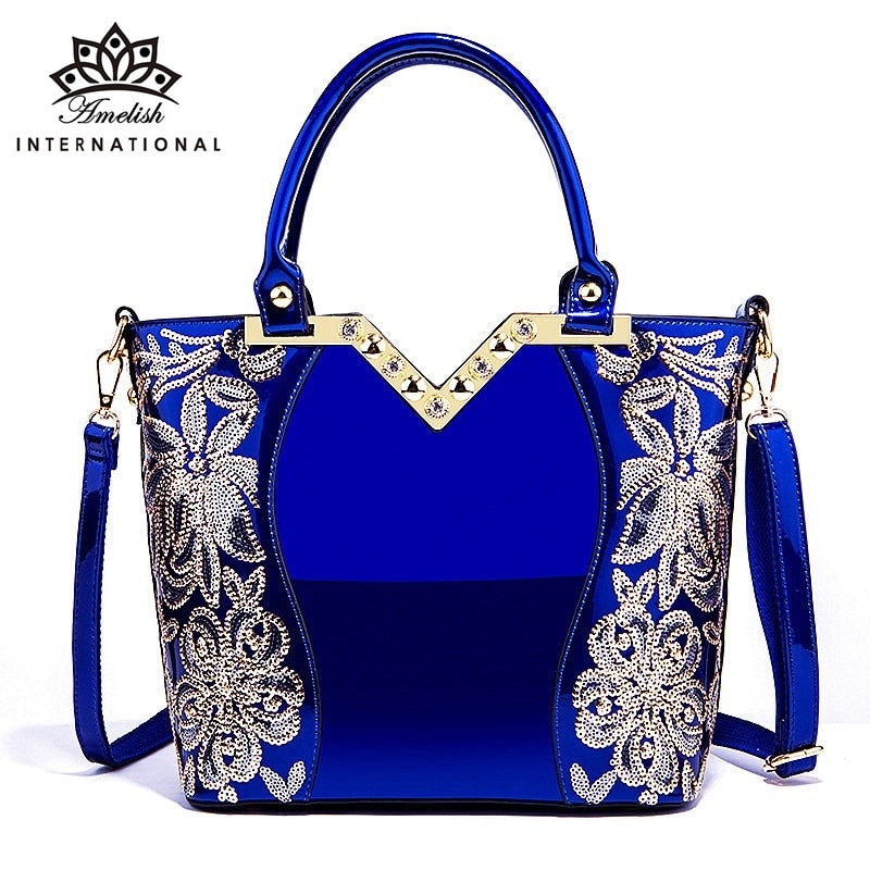 AMELISH Luxury Bag for Women 2022 High Quality Patent Leather Flower Embroidery Diamond Tote Handbag Fashion Female Shoulder Bag