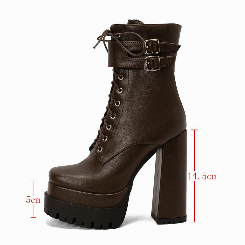 Double Platform Women Punk Boots Square Toe Super High Heel Ankle Boots Lace Up Zipper Motorcycle Boots Autumn Winter Lady Shoes