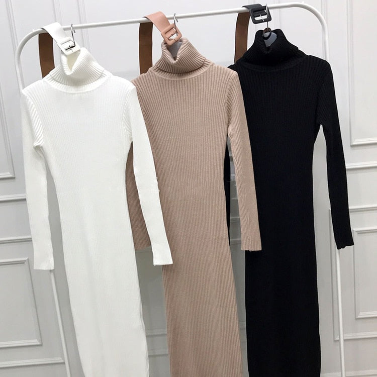 H Han Queen Knitted Bodycon Dress Bottoming Women Soft Elastic Turtleneck Sweater Autumn Winter Midi Party Dresses With Belt