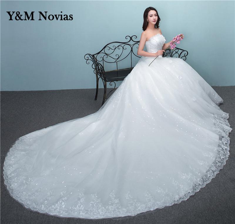 New Luxury Beading Brush Train Lace Up Wedding Dress Sexy Strapless Applique Customized Plus Size Bridal Gown Vestido De Noiva