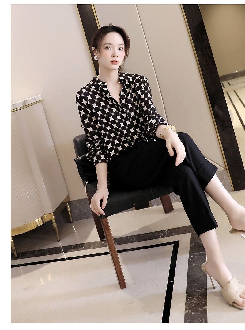 Office Lady Elegant Geometric Print Button Chiffon Shirt Spring Autumn 2022 Polo-Neck Long Sleeve Loose Blouse Women's Clothing