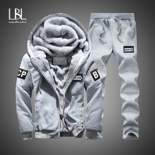 Winter Inner Fleece Hoodies Men 2020 Casual Hooded Warm Sweatshirts Male Thicken Tracksuit 2PC Jacket+Pant Men Moleton Masculino