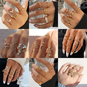 KOTiK Trendy Bohemian Midi Knuckle Ring Set For Women Gold Color Crystal Heart Flower Moon Geometric Finger Rings Jewelry Gifts