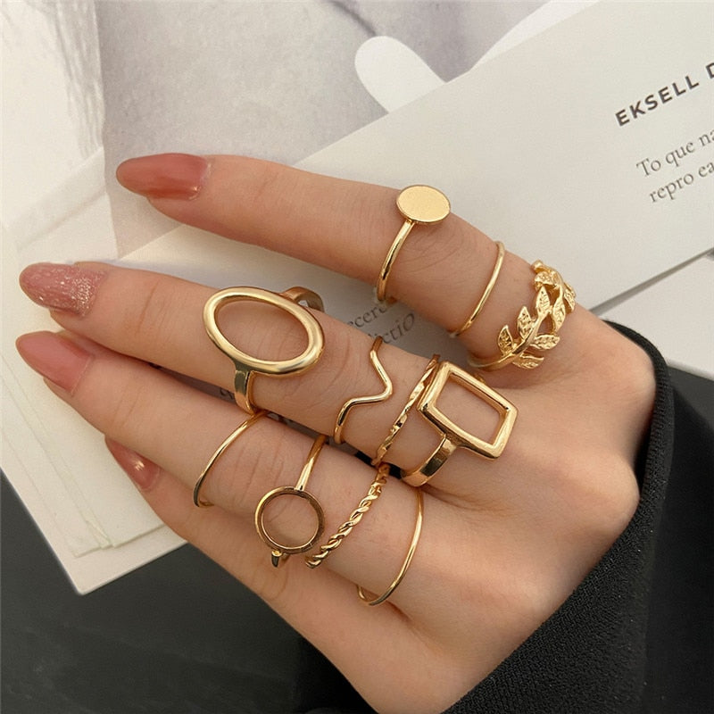 KOTiK Trendy Bohemian Midi Knuckle Ring Set For Women Gold Color Crystal Heart Flower Moon Geometric Finger Rings Jewelry Gifts