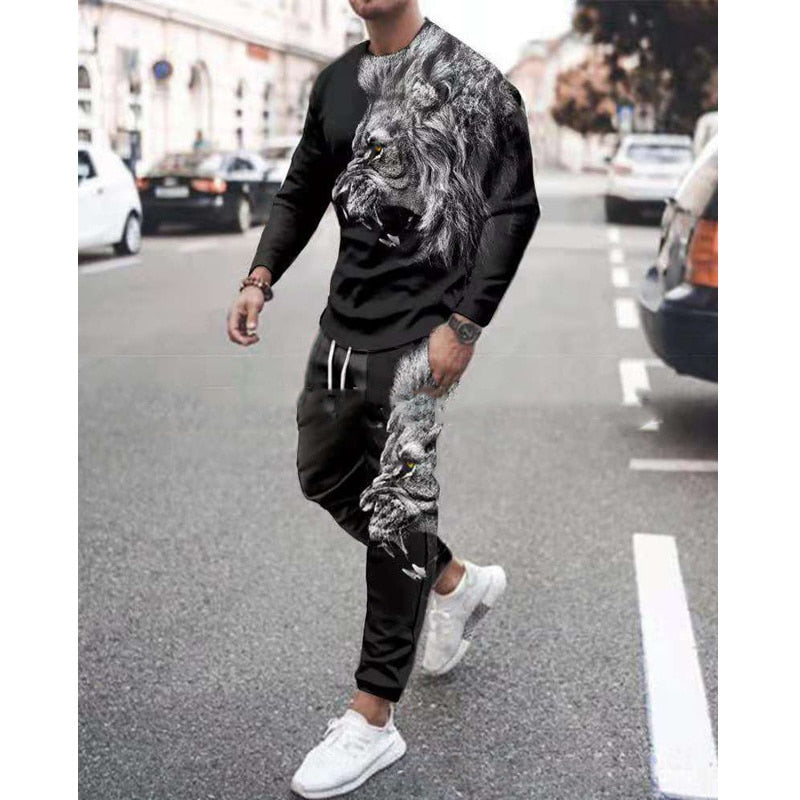 The Lion King Men's Set Casual Sportswear Running Suit Men Long-sleeved Autumn T-shirt+Sports Tracksuit 2-Piece Plus Size Set