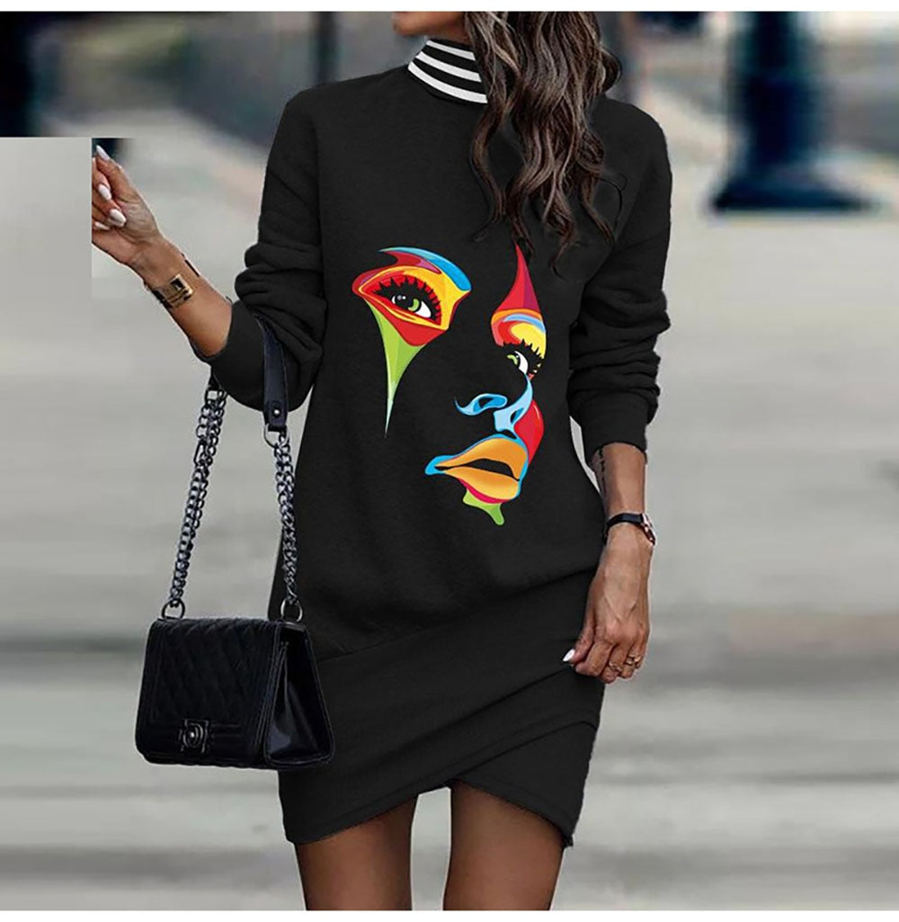 Fall Winter Long Sleeve Loose Mini Dress Women 2022 Fashion Womens 3D Skeleton Print Half High Collar Casual Short Sheath Dress