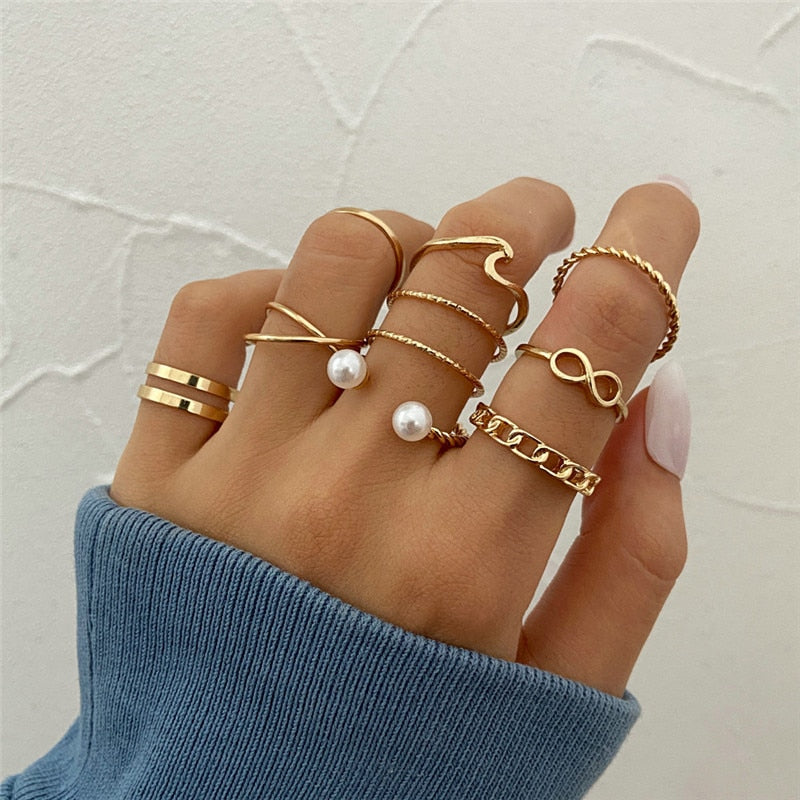 Boho Gold 22pcs Heart Rings Set For Women Vintage Geometric Cross Pearl Butterfly Finger Rings Women's 2022 Trendy Jewelry Gift