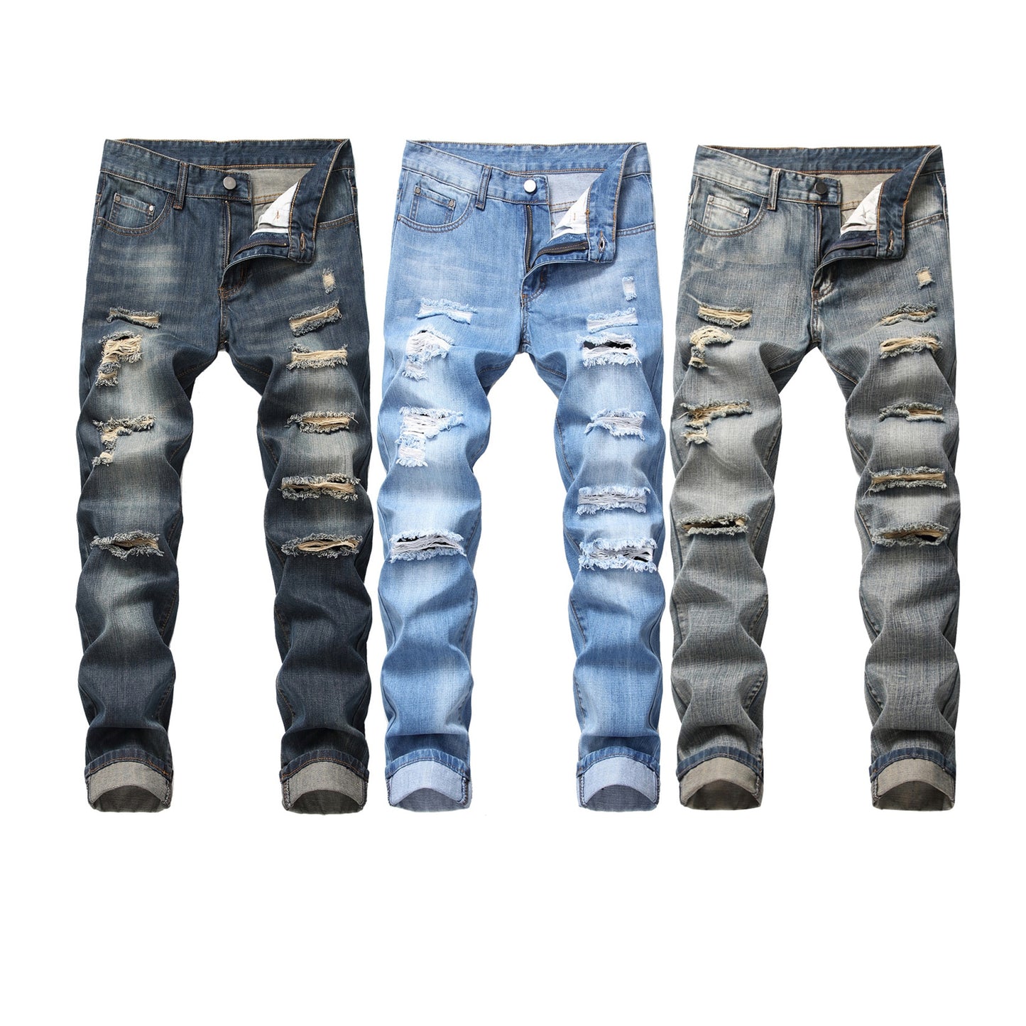 Men' Street Fashion Clothing Pants Spring And Autumn Classic Nostalgic Holes Non-Stretch Straight Leg Jeans Quality Casual Pants