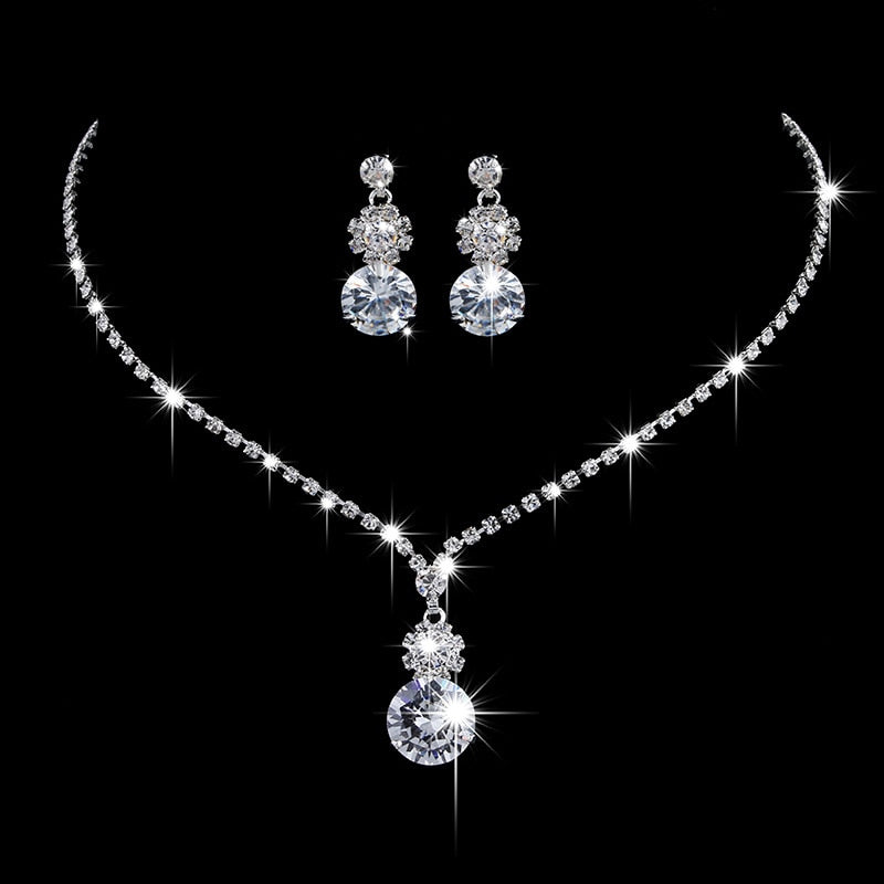 New Fashion Crystal Bride 2 Piece Set Rhinestone Wedding Dress Party Necklace Earring Set Women's High Grade Jewelry Gift