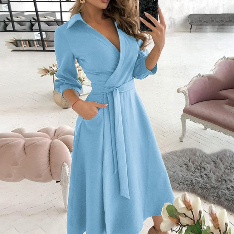 Elegant Floral Print A-line Midi Dress Women Turn-down Collar Belt Pleated Casual Dress Office Ladies Chic Autumn Vestidos 2022