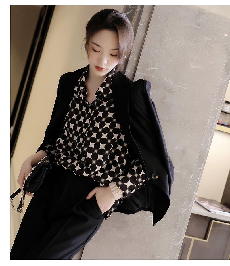 Office Lady Elegant Geometric Print Button Chiffon Shirt Spring Autumn 2022 Polo-Neck Long Sleeve Loose Blouse Women's Clothing