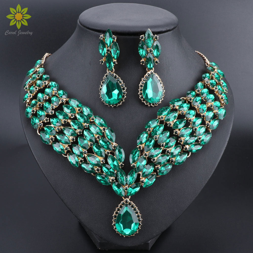 GREEN EMERALD CRYSTAL NECKLACE AND EARING SET WOMEN