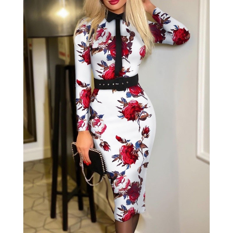 Popular Fashion Women's Print Dress Women With Belt