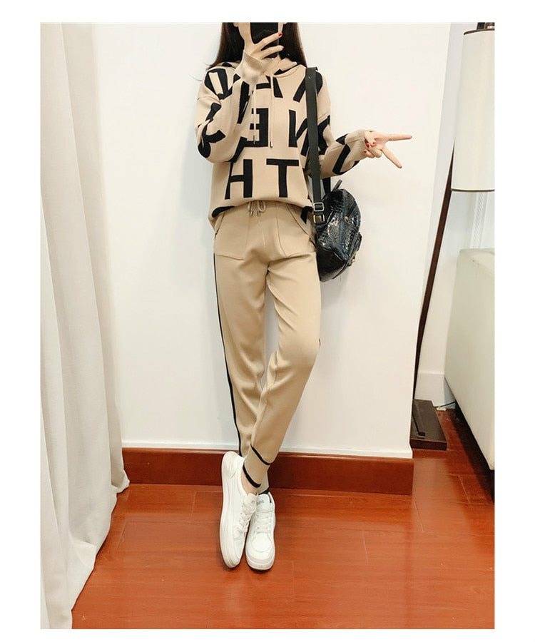 Fashion Autumn Women 2 Pieces Sets Casual Letter Print Patchwork Loose Knitted Sweater Sports Harlan Pants Suits Spring