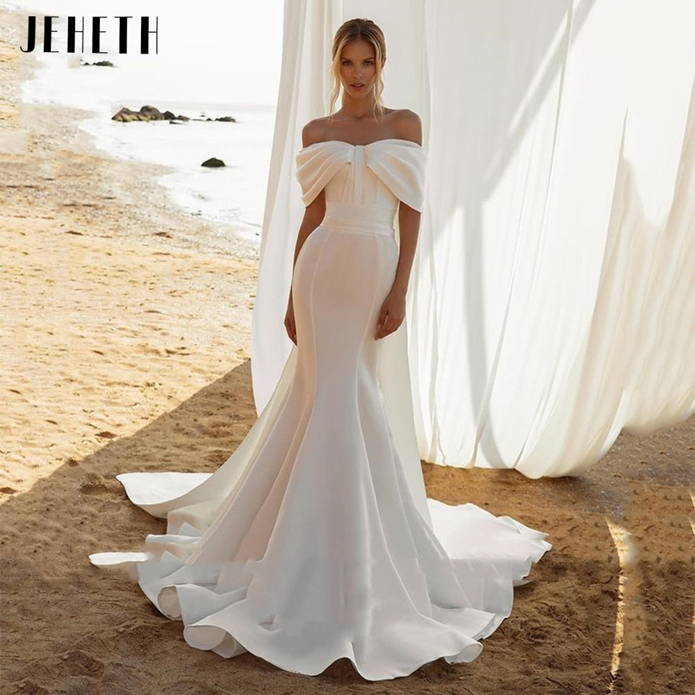 2022 Elegant Mermaid Stain Wedding Dress For Women Off The Shoulder Court Train Bridal Gowns Custom Made Robe De Mariée