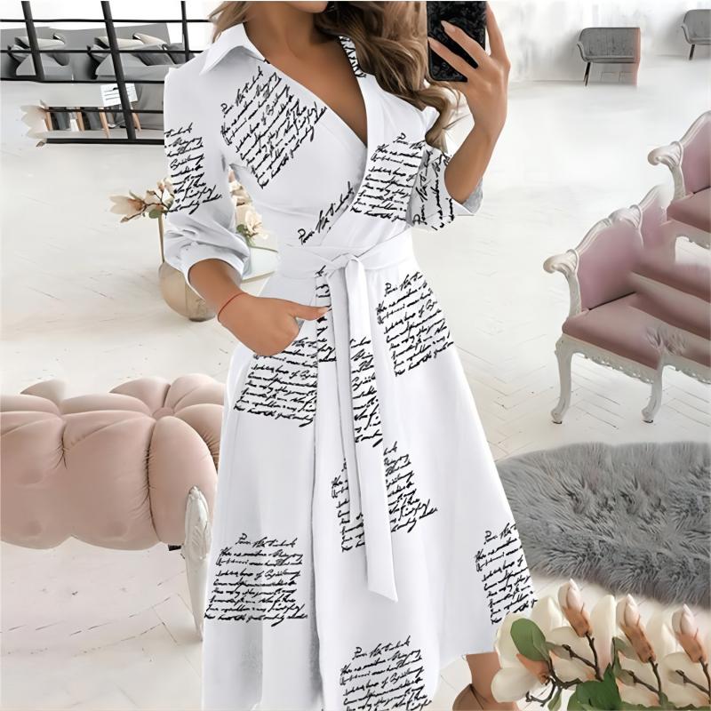 Elegant Floral Print A-line Midi Dress Women Turn-down Collar Belt Pleated Casual Dress Office Ladies Chic Autumn Vestidos 2022