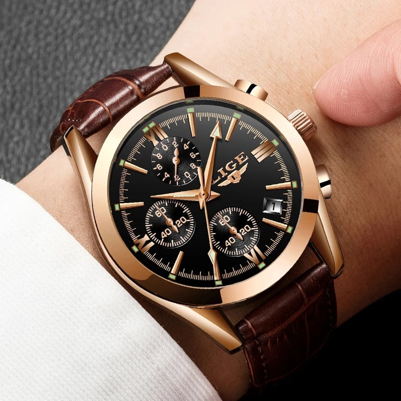 2022 LIGE New Fashion Mens Watches Top Brand Luxury Military Quartz Watch Premium Leather Waterproof Sport Chronograph Watch Men