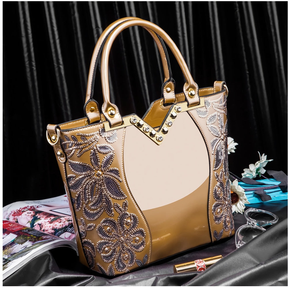 AMELISH Luxury Bag for Women 2022 High Quality Patent Leather Flower Embroidery Diamond Tote Handbag Fashion Female Shoulder Bag