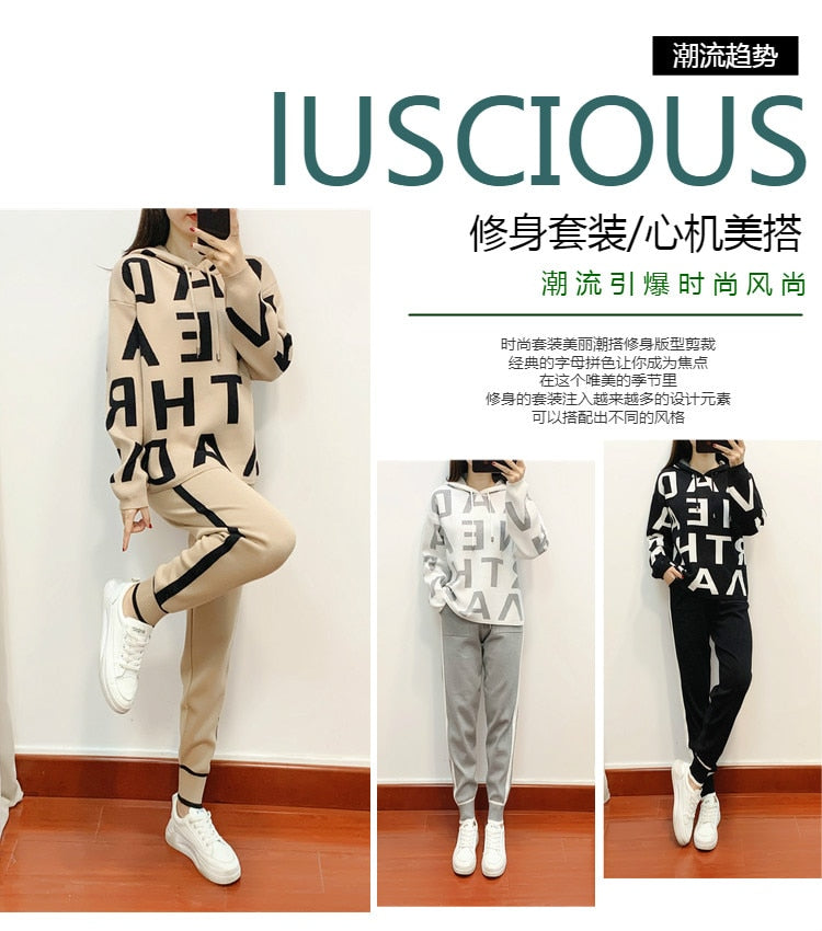 Fashion Autumn Women 2 Pieces Sets Casual Letter Print Patchwork Loose Knitted Sweater Sports Harlan Pants Suits Spring