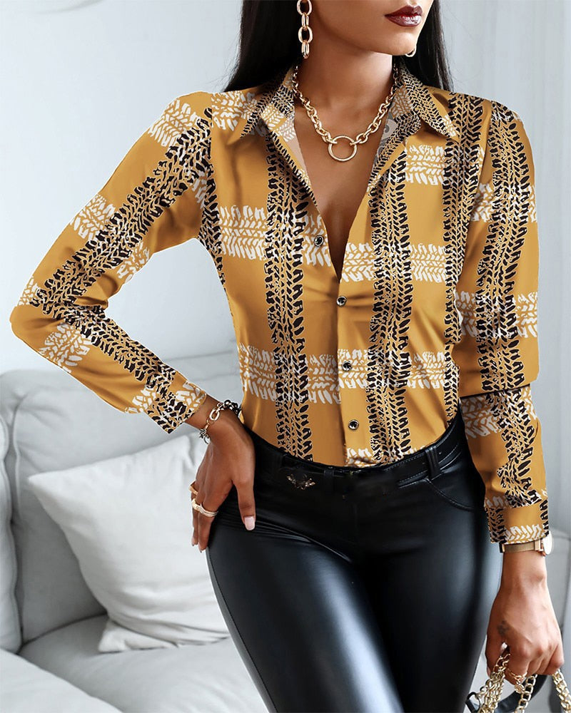 Blouses Woman Casual Office Print Shirts Autumn Fashion Button Long Sleeve White Shirt Elegant Patchwork Slim Tops Women 2022