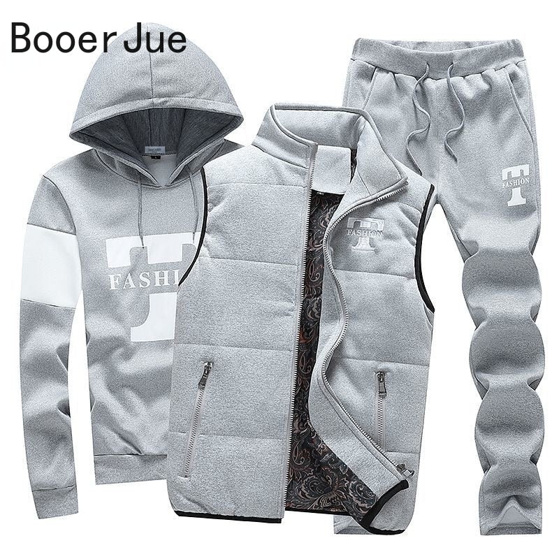 Men's Track Suit 3 Pieces Set Hoodies+Vest+Pants Casual Clothing Coats Winter Thick Warm Tracksuit for Men Printed Mens Set Vest