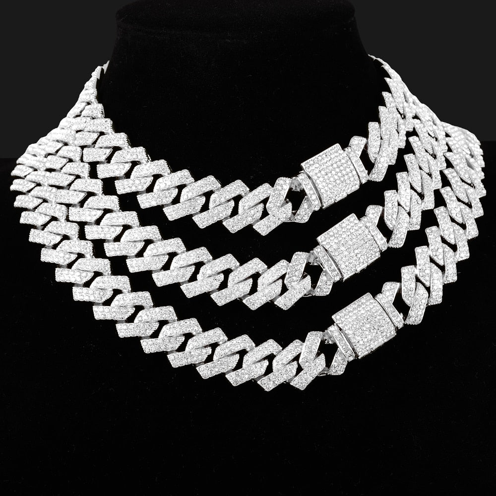 Necklace +Watch+Bracelet Men Cuban Chain 2 Row Iced Out Men's Necklace Rhinestone Zircon Paved Necklaces Men Hip Hop Jewelry Set