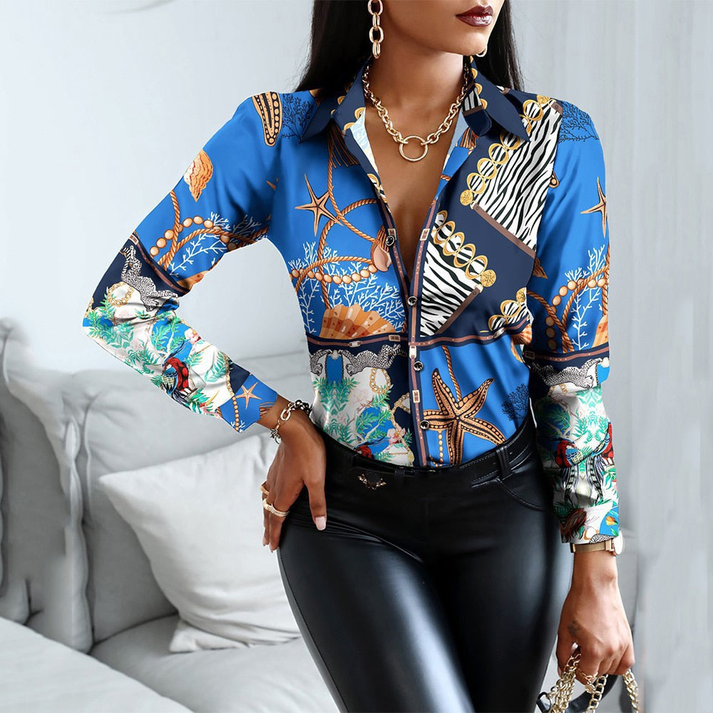 Blouses Woman Casual Office Print Shirts Autumn Fashion Button Long Sleeve White Shirt Elegant Patchwork Slim Tops Women 2022