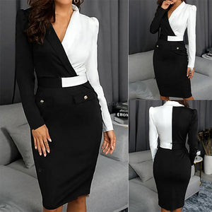 Women Elegant Long Sleeve Black and White Patchwork Casual Party Work Office Stretch Slim Pencil Sheath Bodycon Dresses Women