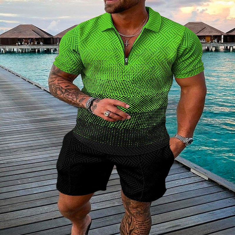 Men's Suit 3D Color Stitching Print Summer Short Sleeve Polo Shirt Shorts Suit Fashion Zipper Polo Shirt Two Piece Set New