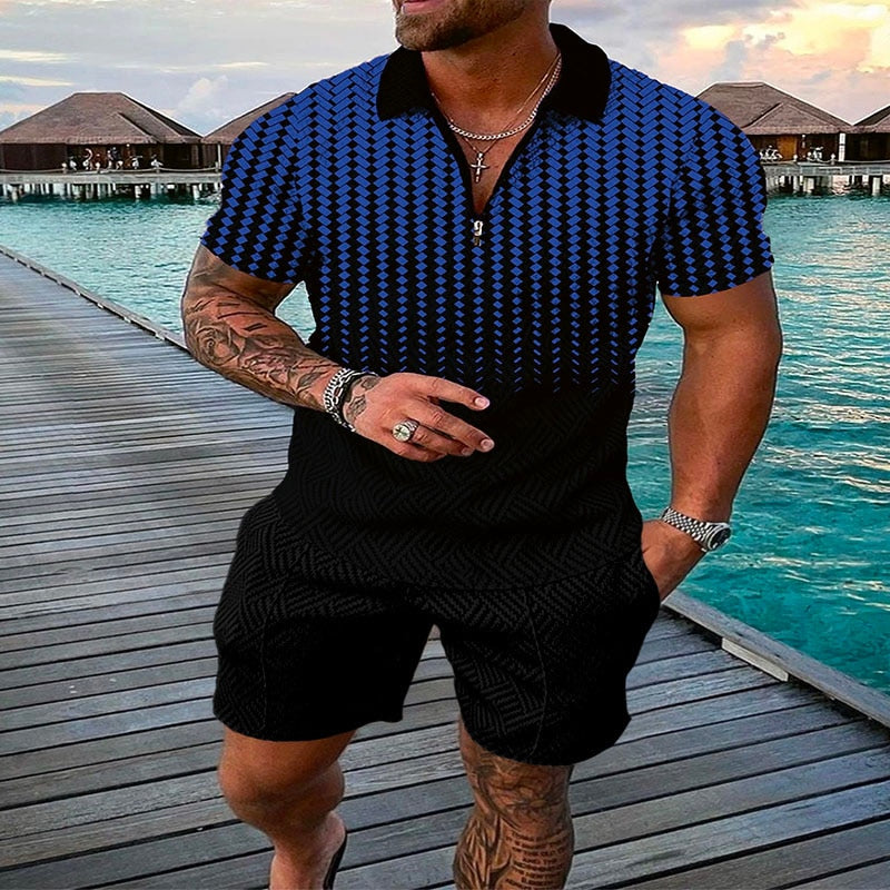 Men's Suit 3D Color Stitching Print Summer Short Sleeve Polo Shirt Shorts Suit Fashion Zipper Polo Shirt Two Piece Set New