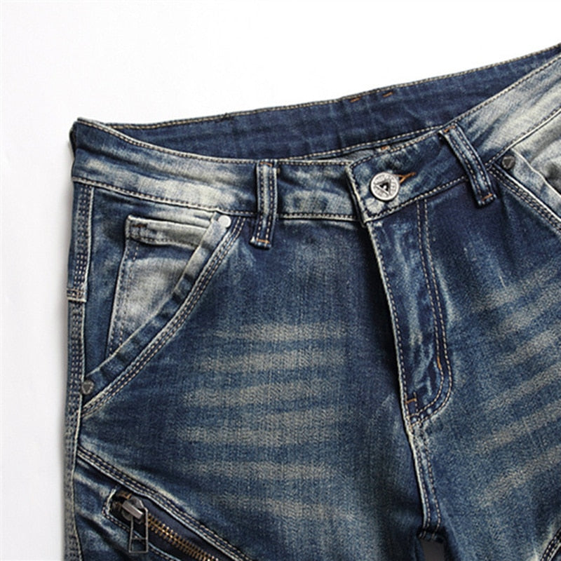 High Quality Fashion Stitching Jeans Slim Cotton Zipper Mid-Waist Casual Hip Hop Motorcycle Street Style Dtretch Pants