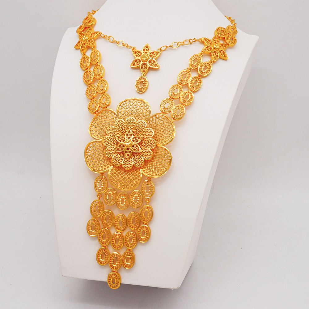 Luxury Dubai Gold Color Jewelry Sets African Bridal Wedding Flower Jewelry Sets Necklace Bracelet Earrings Ring Set Lady Gift