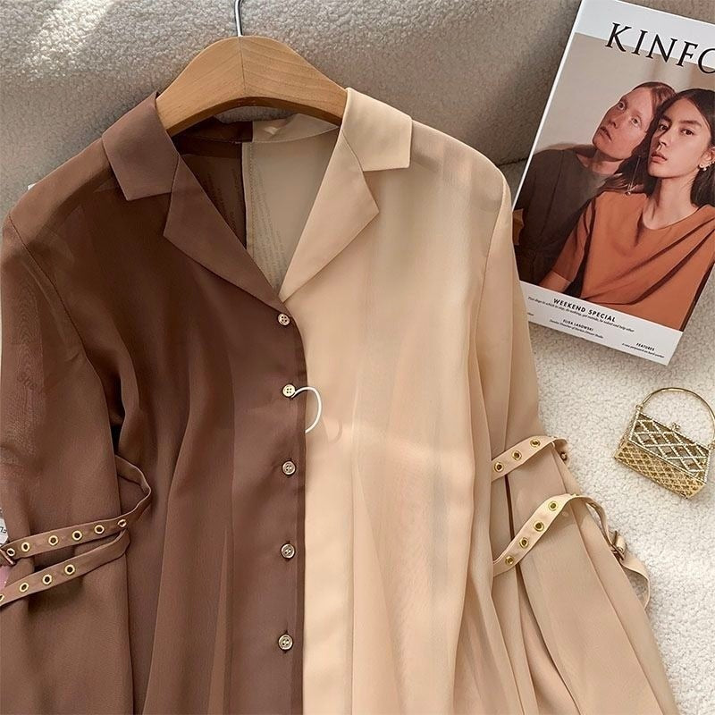 Feiernan Chiffon Cardigan Vintage Shirt Oversize Spliced Blouse Women Korean Fashion Summer 2022 Flare Sleeve Patchwork Tops