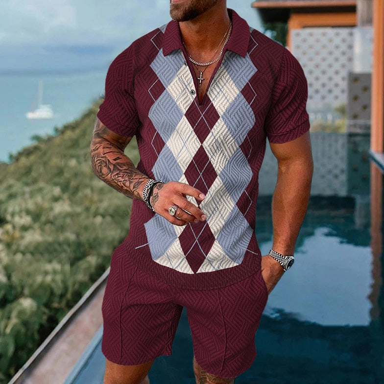 2022 Summer Men's Sportswear Suit Plaid printed short sleeve Zipper Polo Shirt Suit Vacation suit 2 pieces