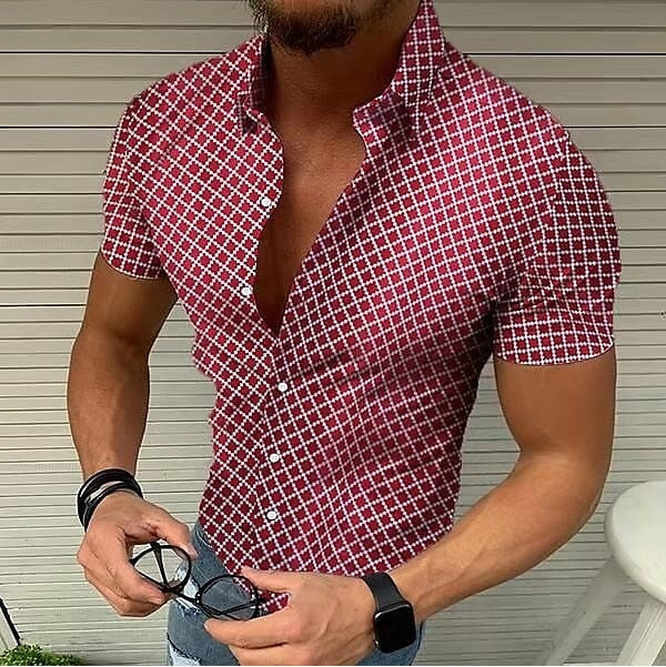 2022 Summer New Mens Vintage Plaid Shirt Fashion Casual Luxury Shirt Short Sleeve Hawaii Shirts For Men Blusas Camisa Masculina