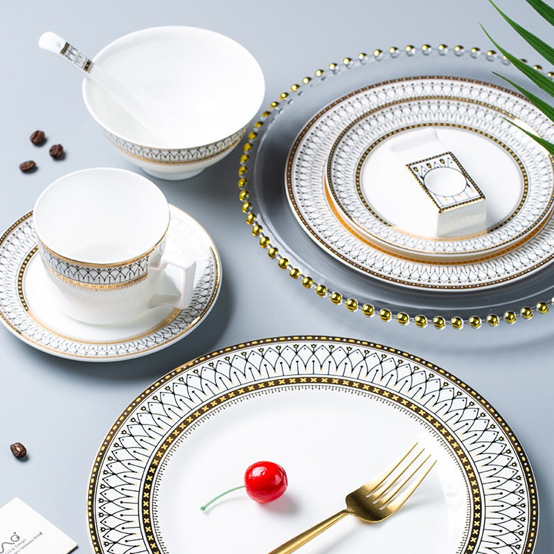 Restaurant Bone Porcelain Western Food Plate Decoration Plate Gold Lace Stamens Tableware Set Steak Plate Flat Bowl Soup Plate