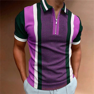Men Polo Shirts 2022 Summer Print Casual Daily Short Sleeve Plaid Mens Polo Fashion Lapel Zipper Patchwork Street Clothes