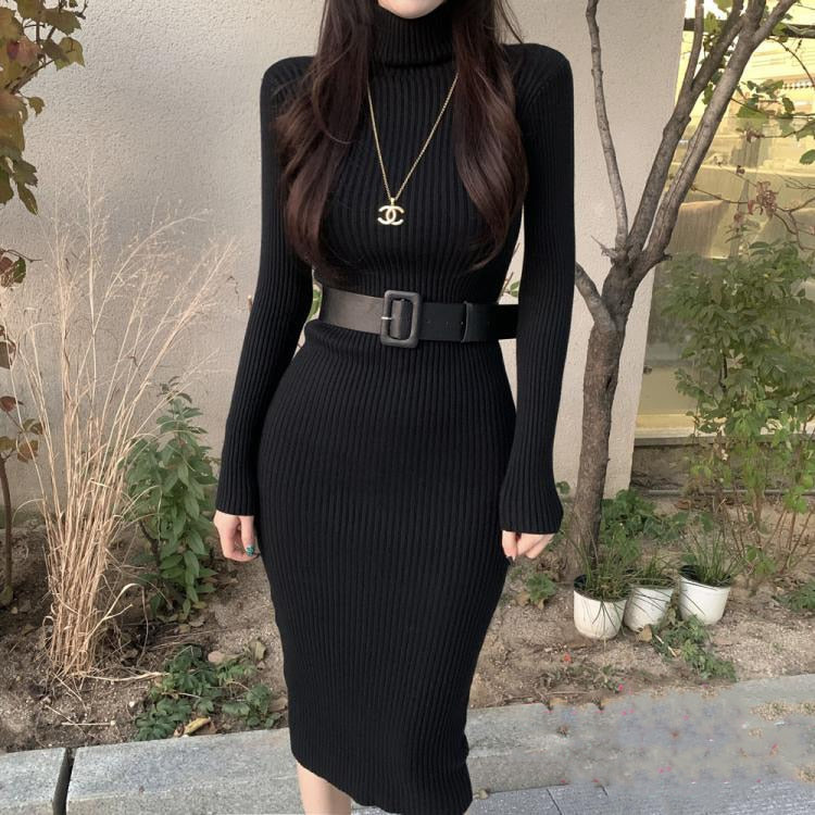 H Han Queen Knitted Bodycon Dress Bottoming Women Soft Elastic Turtleneck Sweater Autumn Winter Midi Party Dresses With Belt